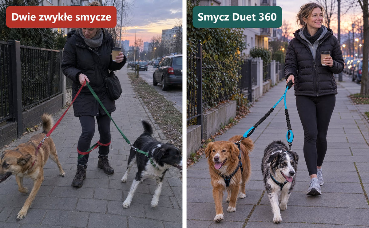 Przed i po: dwie zwykłe smycze i Smycz Duet 360